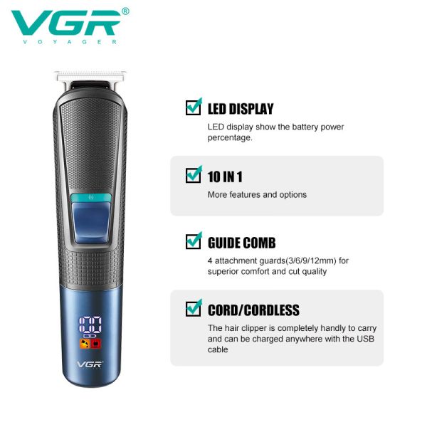 Набір для стриження VGR 10 в 1 V-108, 10 насадок, LED display