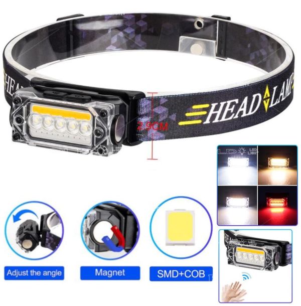 Ліхтар налобний YY-19С-5SMD+COB(white+yellow+red), Motion Sensor, Li-Ion акумулятор, ЗП Type-C, магніт, Box