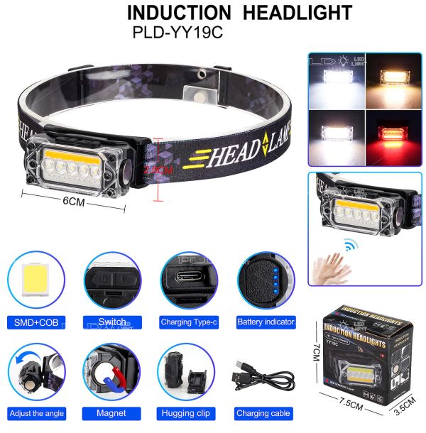 Ліхтар налобний YY-19С-5SMD+COB(white+yellow+red), Motion Sensor, Li-Ion акумулятор, ЗП Type-C, магніт, Box