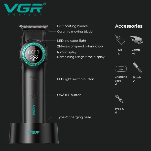 Тример VGR V-977 BLACK, регулювання потужності 6000 - 8000 RPM, 2500 mAh,  4 насадки, LED display
