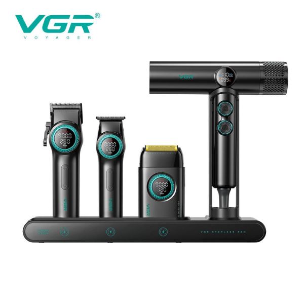 Комплект VGR STEPLERSS PRO 4 IN 1 BLACK, машинка для стрижки (Clipper), тример, шейвер, фен