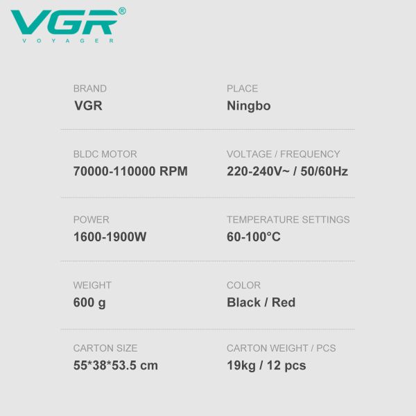 Фен професійний VGR V-401 BLACK, 40 рівнів обдування 70000 - 110000 RPM, 40 рівнів температури 60°C - 100°C, 3 насадки
