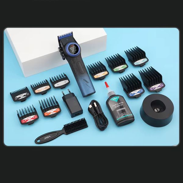 Акумуляторна машинка для стриження (clipper) VGR V-001 BLUE, 10 насадок, 9000 RPM, 4600 mAh, LED light, LED display