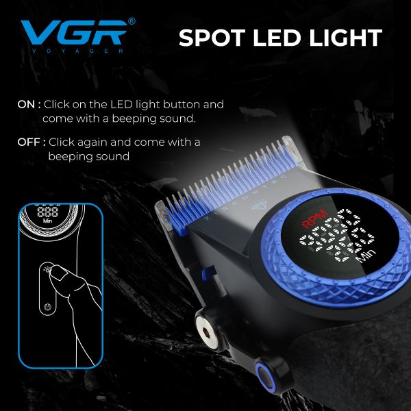 Акумуляторна машинка для стриження (clipper) VGR V-001 BLUE, 10 насадок, 9000 RPM, 4600 mAh, LED light, LED display