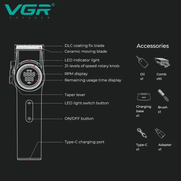 Комплект VGR 2 в 1 V-001&V-977 BLACK, акумуляторна машинка для стрижки (clipper) і тример