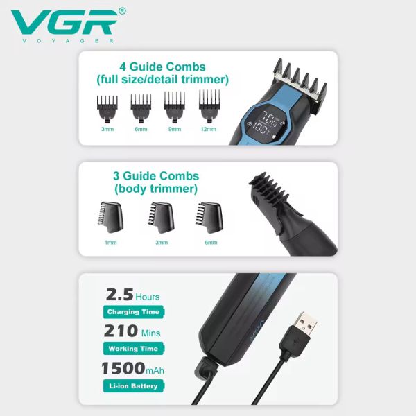 Набір для стриження VGR 13 в 1 V-173 BLUE, 13 насадок, LED display