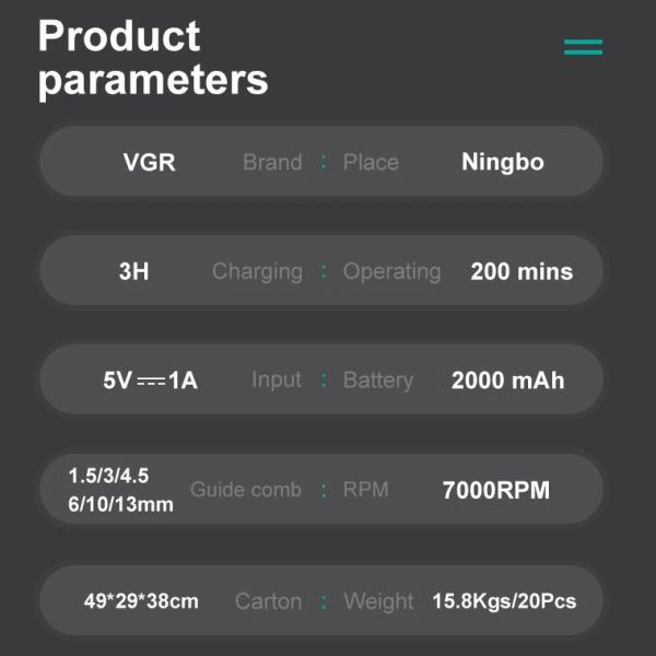 Акумуляторна машинка для стриження (clipper) VGRV-196 GOLD, 8 насадок, 7000 RPM, 2000 mAh, LED display