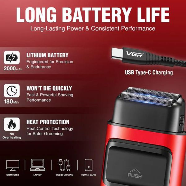 Електробритва VGR V-307 RED шейвер, подвійне лезо,  2000mAh, 9000 RPM