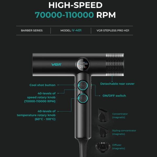 Фен професійний VGR V-401 BLACK, 40 рівнів обдування 70000 - 110000 RPM, 40 рівнів температури 60°C - 100°C, 3 насадки