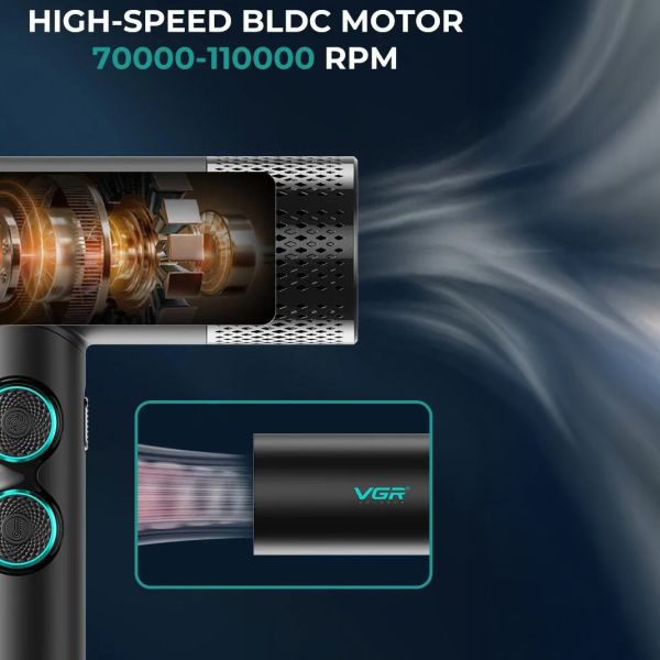 Фен професійний VGR V-401 BLACK, 40 рівнів обдування 70000 - 110000 RPM, 40 рівнів температури 60°C - 100°C, 3 насадки