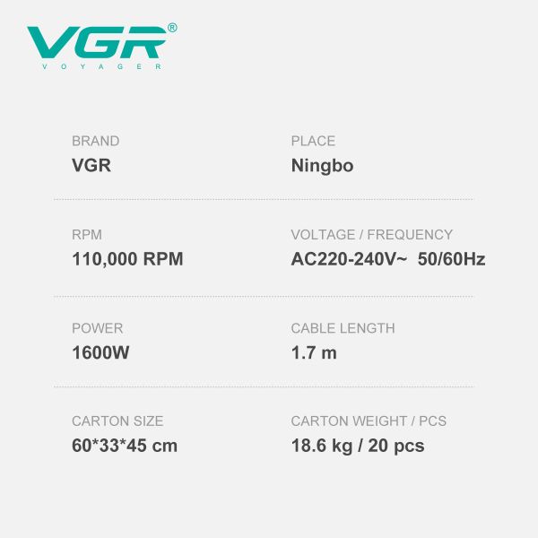 Фен професійний VGR V-445 BLUE, 3 рівні обдування, 4 рівні температури, 1600 Вт, 110000 RPM