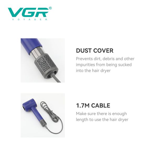 Фен професійний VGR V-445 BLUE, 3 рівні обдування, 4 рівні температури, 1600 Вт, 110000 RPM