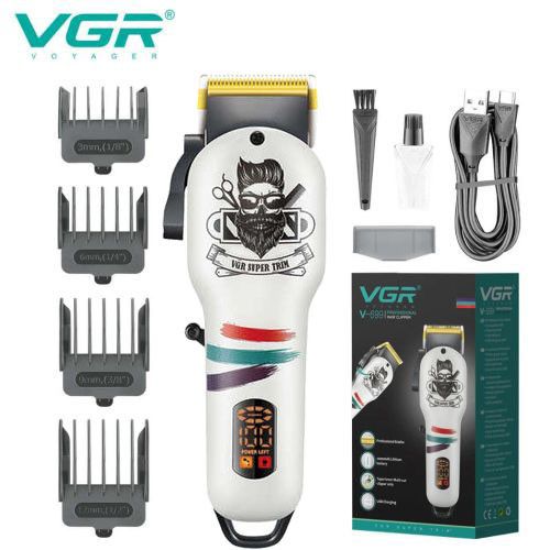Акумуляторна машника для стриження (clipper) VGR V-699 WHITE, 4 насадки, LED display