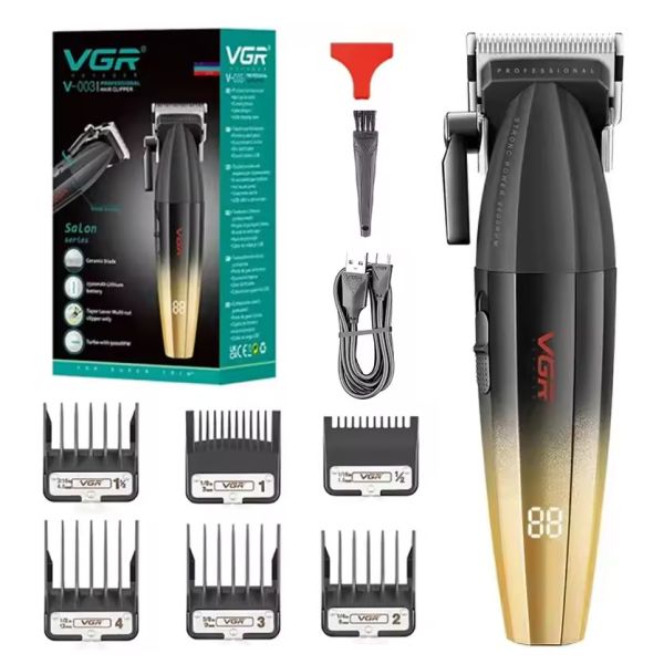Акумуляторна машинка для стриження (clipper) VGR V-003 GOLD, 6 насадок, TURBO режим 9000 RPM, керамічне лезо, LED display