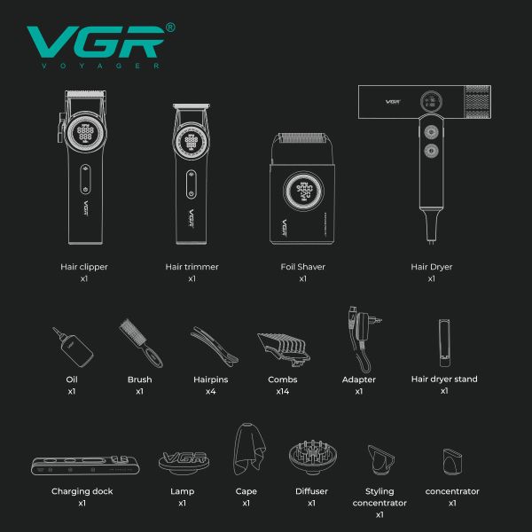 Комплект VGR STEPLERSS PRO 4 IN 1 BLACK, машинка для стрижки (Clipper), тример, шейвер, фен