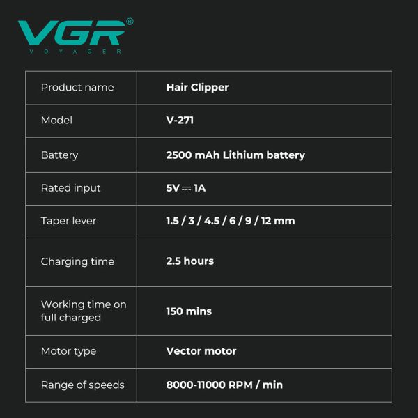 Акумуляторна машинка для стрижки (clipper) VGR V-271, VECTOR MOTOR 8000-11000 RPM, 6 насадок, LED display