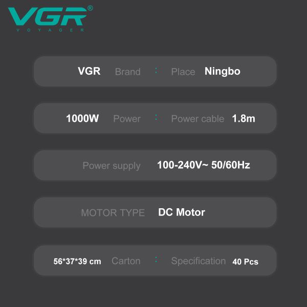 Фен складаний VGR V-432 GREEN, 3 рівні обдування, низький рівень шуму, 1000 Вт