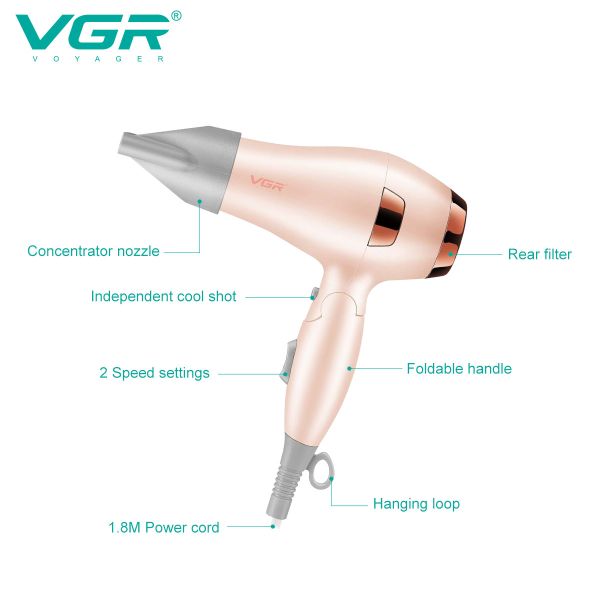 Фен складаний VGR V-432 PINK, 3 рівні обдування, низький рівень шуму, 1000 Вт