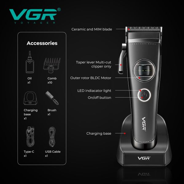 Акумуляторна машинка для стрижки (clipper) VGR V-880C BLACK, EXTERNAL ROTOR MOTOR, MIM BLADE, 11 насадок, док-станція