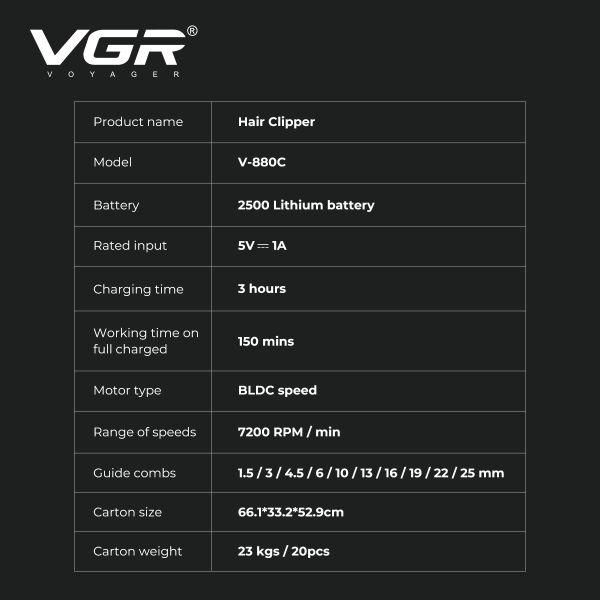 Акумуляторна машинка для стрижки (clipper) VGR V-880C BLACK, EXTERNAL ROTOR MOTOR, MIM BLADE, 11 насадок, док-станція