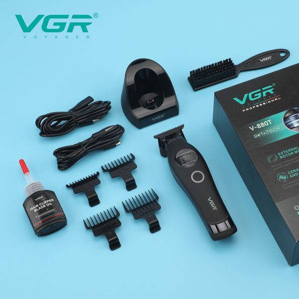 Тример VGR V-880T BLACK, EXTERNAL ROTOR MOTOR, MIM BLADE, 4 насадки, док-станція