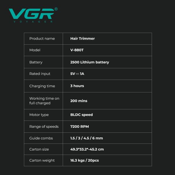Тример VGR V-880T BLACK, EXTERNAL ROTOR MOTOR, MIM BLADE, 4 насадки, док-станція