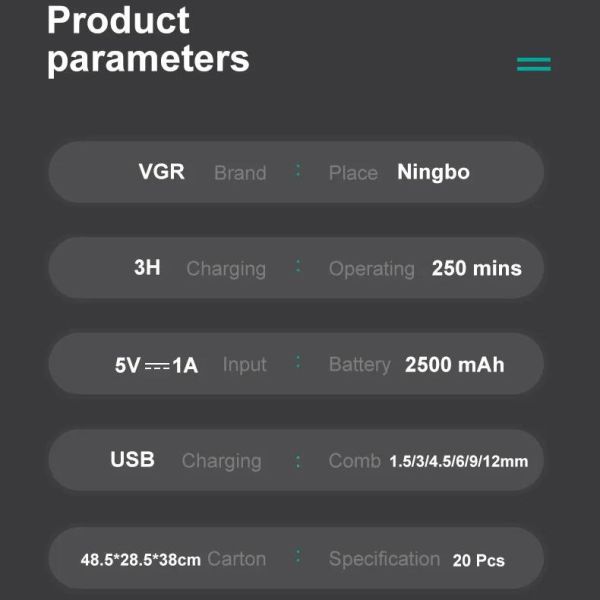 Акумуляторна машинка для стриження (clipper) VGR V-003 GOLD, 6 насадок, TURBO режим 9000 RPM, керамічне лезо, LED display