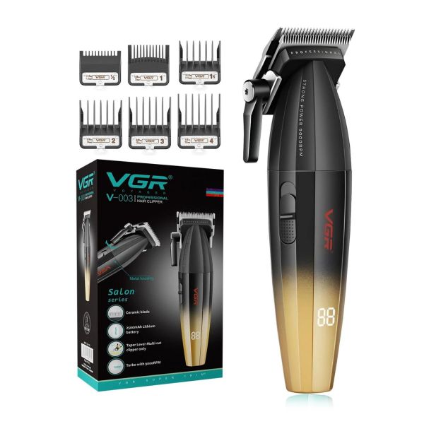 Акумуляторна машинка для стриження (clipper) VGR V-003 GOLD, 6 насадок, TURBO режим 9000 RPM, керамічне лезо, LED display