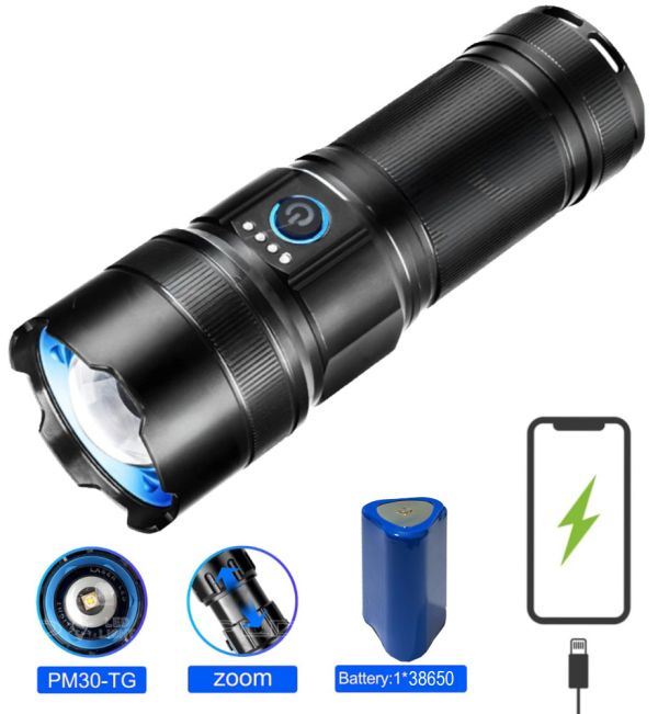 Ліхтар AK180 WHITE LASER LED PM30-TG, 1х38650, Power Bank, ЗП Type-C, zoom, 5 фільтрів