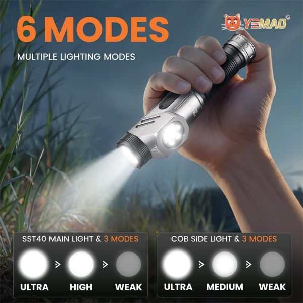 Тактичний ліхтар YEMAO YM-F303X, 1600LM, акумулятори 1x21700 (1x5000 mAh), поворотна голова