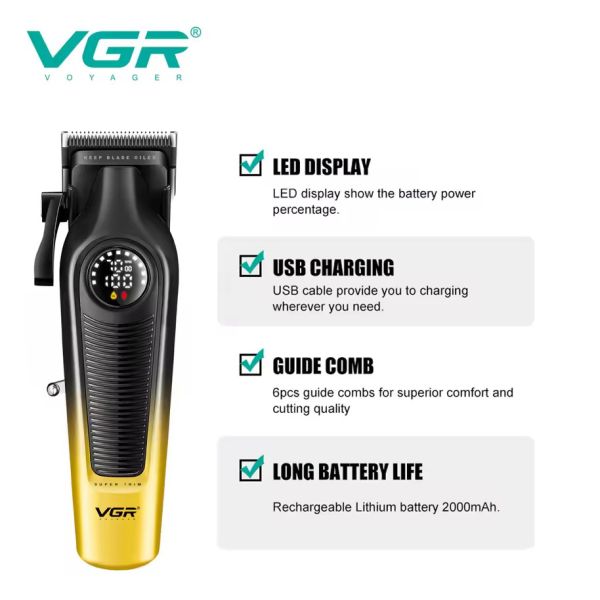 Акумуляторна машинка для стриження (clipper) VGRV-196 GOLD, 8 насадок, 7000 RPM, 2000 mAh, LED display