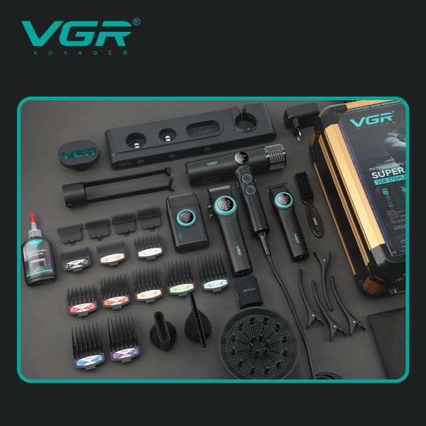 Комплект VGR STEPLERSS PRO 4 IN 1 BLACK, машинка для стрижки (Clipper), тример, шейвер, фен