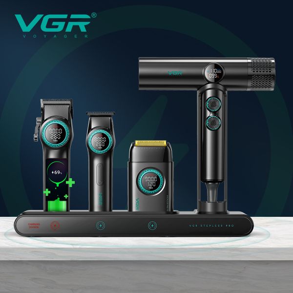 Комплект VGR STEPLERSS PRO 4 IN 1 BLACK, машинка для стрижки (Clipper), тример, шейвер, фен