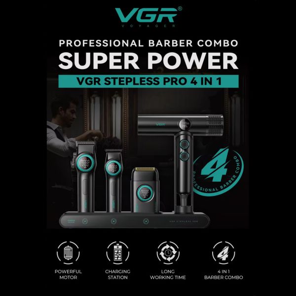 Комплект VGR STEPLERSS PRO 4 IN 1 BLACK, машинка для стрижки (Clipper), тример, шейвер, фен