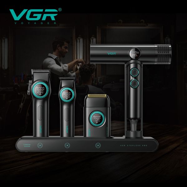 Комплект VGR STEPLERSS PRO 4 IN 1 BLACK, машинка для стрижки (Clipper), тример, шейвер, фен