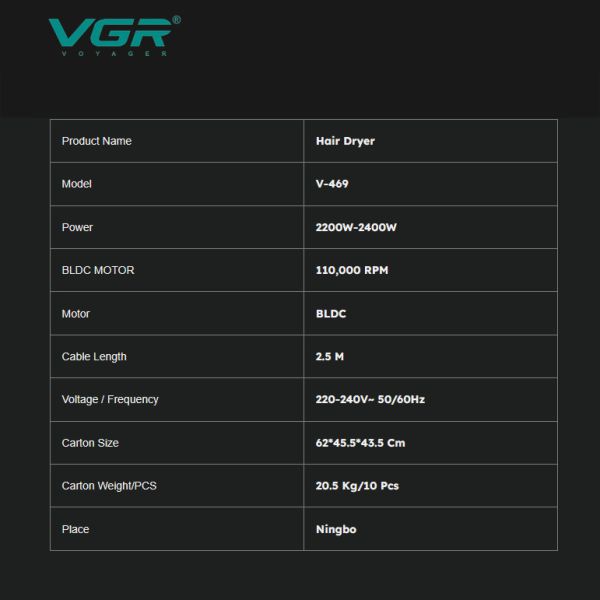 Фен професійний VGR V-469, 4 рівні обдування, 4 рівні температури, 2 насадки, 2400 Вт