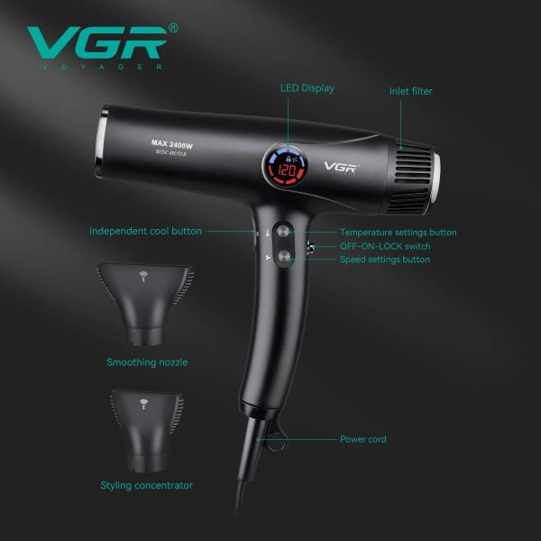 Фен професійний VGR V-469, 4 рівні обдування, 4 рівні температури, 2 насадки, 2400 Вт