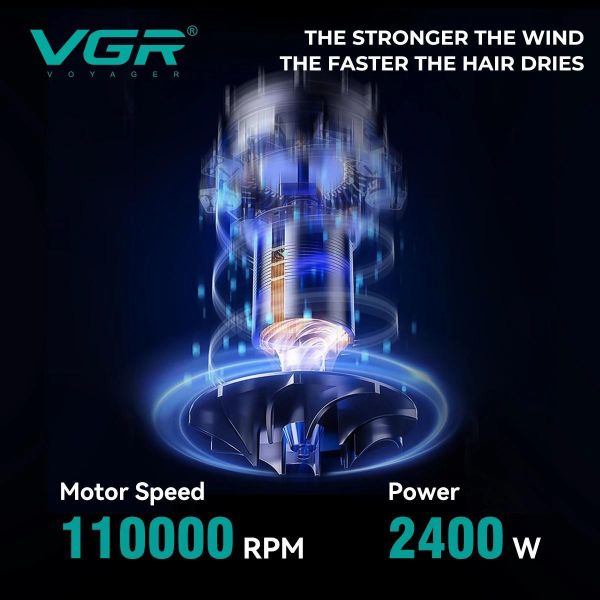 Фен професійний VGR V-469, 4 рівні обдування, 4 рівні температури, 2 насадки, 2400 Вт