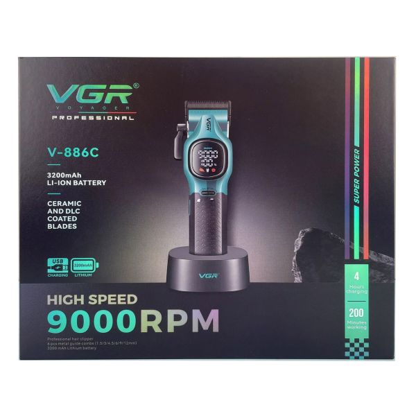 Акумуляторна машника для стриження (clipper) VGR V-886C GREEN, LED display, 9000RPM
