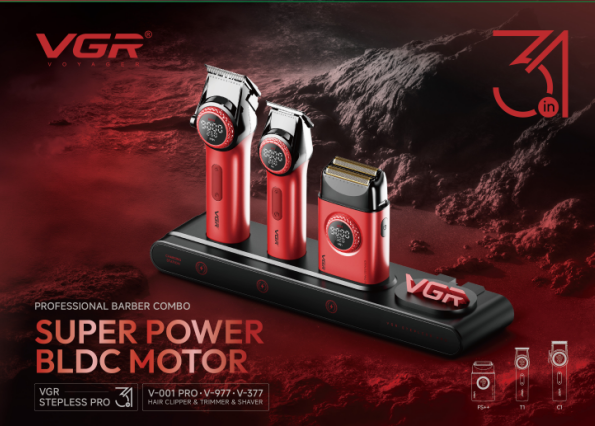 Комплект VGR STEPLERSS PRO 3 IN 1 RED, машинка для стрижки (Clipper), тример, шейвер
