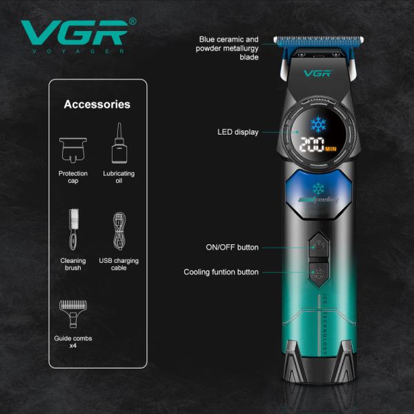 Тример VGR V-946 з технологією охолодження ICE TECHNOLOGY, 4 насадки, 8000 RPM, 3000 mAh, LED display