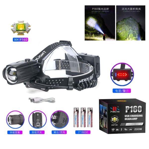 Ліхтар налобний BL-T35-P160, 3x18650, Power Bank, ЗП Type-C, zoom, Box