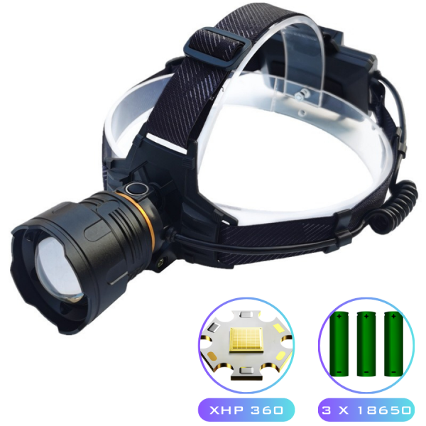 Ліхтар налобний 8078-P360, 3x18650, ЗП Type-C, zoom, Box