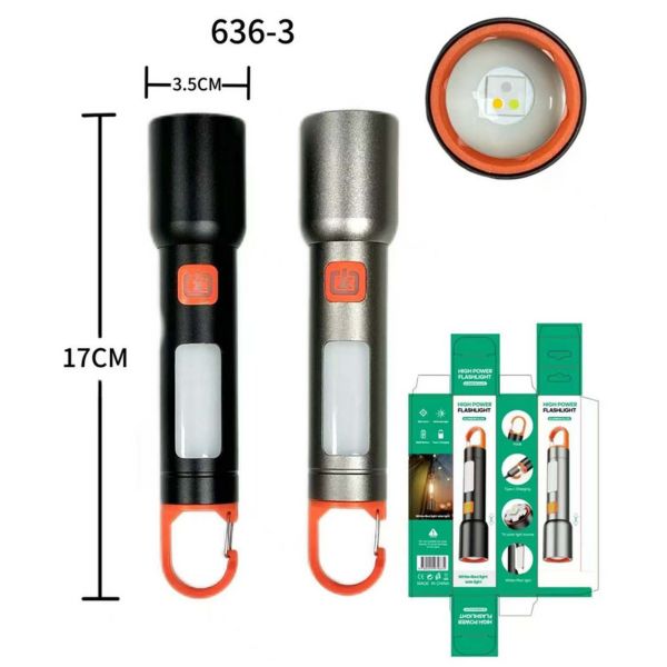 Ліхтар BL-636-3TG (WHITE+YELLOW+BLUE)+COB(WHITE+RED), Li-Ion акумулятор, ЗП Type-C, zoom, Box