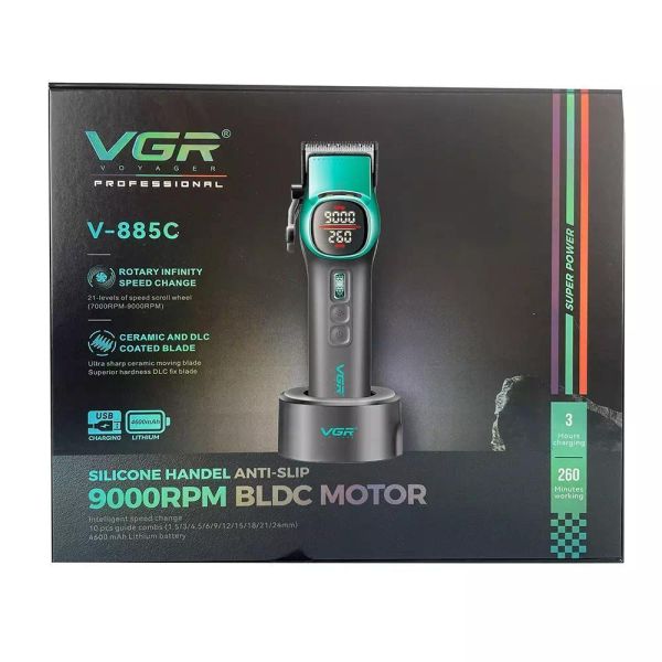 Акумуляторна машника для стриження (clipper) VGR V-885C GREEN, 10 насадок, LED display