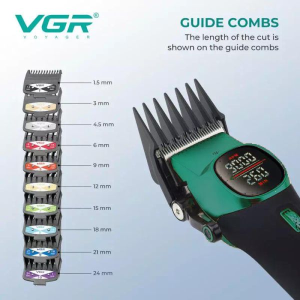 Акумуляторна машника для стриження (clipper) VGR V-885C GREEN, 10 насадок, LED display