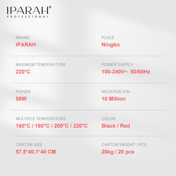 Випрямляч для волосся IPARAH P-103R RED, 4 режими, 160-220°C, керамічне покриття, 58 W