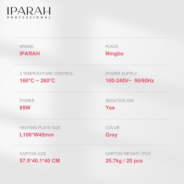 Випрямляч для волосся IPARAH P-113, 45мм, 160-260°C, керамічне покриття, LED дисплей, 65 Вт