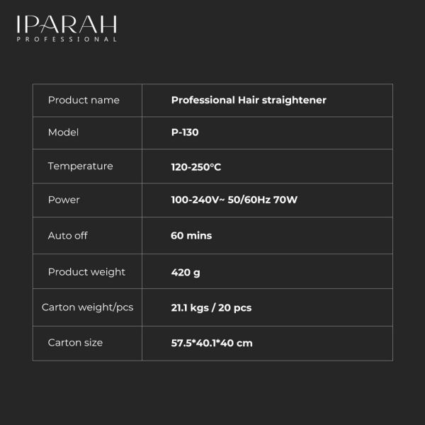 Випрямляч для волосся IPARAH P-131, 120-250°C, керамічне покриття, LED display, 90 W