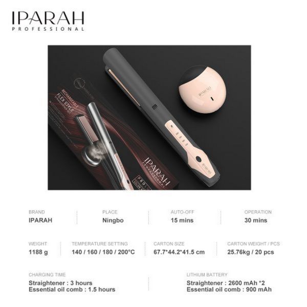Безпровідний випрямляч для волосся IPARAH P-182, 140-200°C, керамічне покриття, 5200mAh, ефірне масло